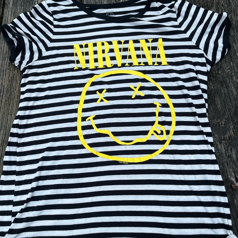 NIRVANA Black and White Striped Tee with Iconic Yellow Graphic